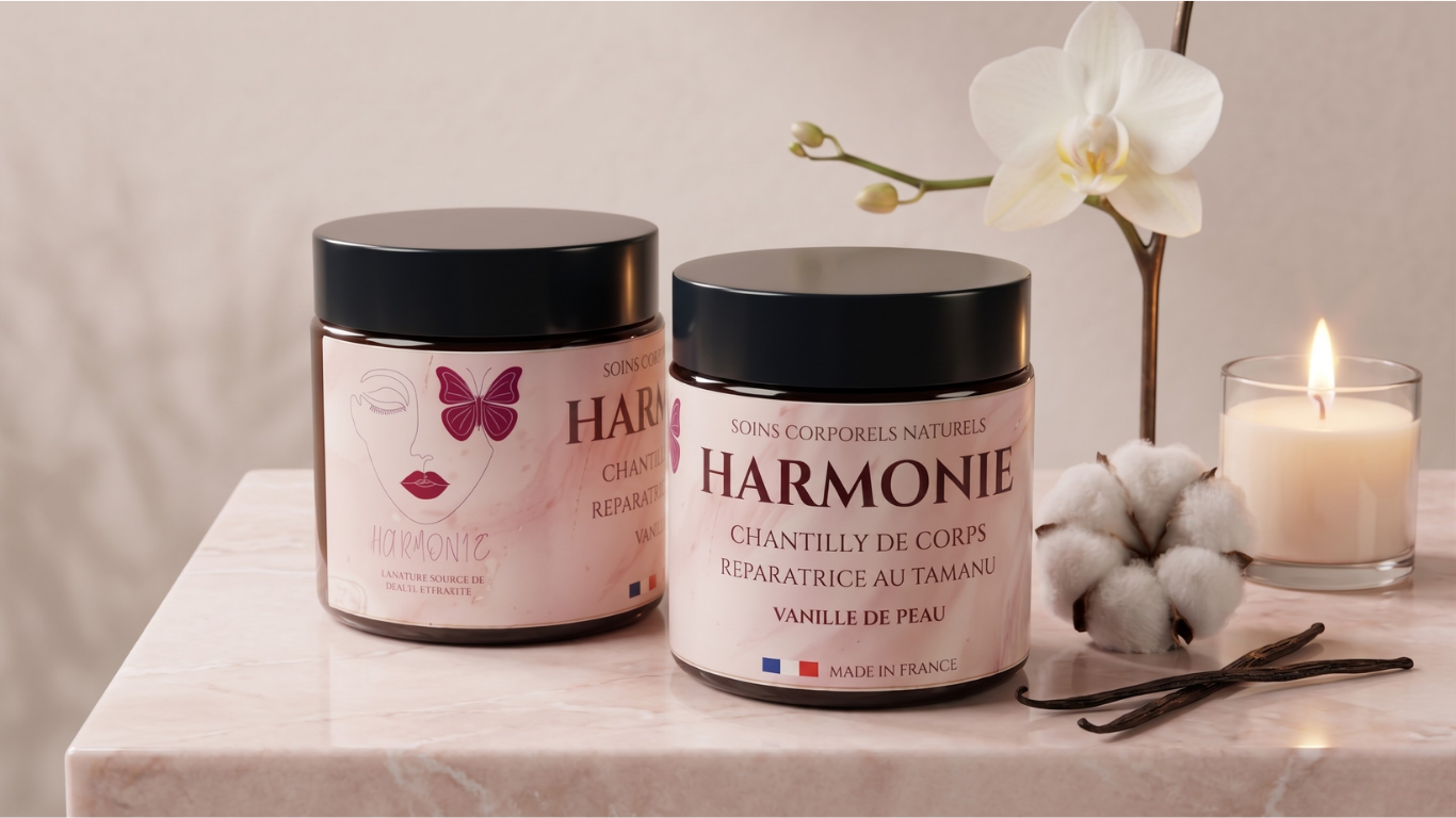 Deux pots Harmonie sur marbre rose avec orchidée, bougie et coton